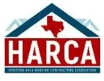 A red and white logo for houston area roofing contractors association.