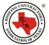 A red and black logo for roofing contractors association of texas.